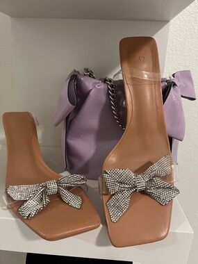 Women’s Clear Strap Bow Sandals in Tan with Rhinestones
